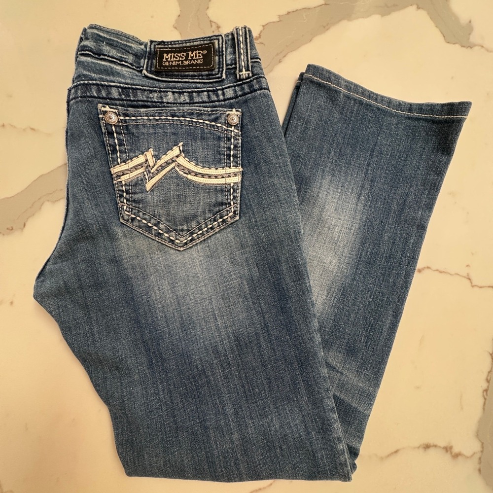 Miss Me‎ Straight Leg Low Rise Jeans Heavy Stitch Embellished Pocket Size 30